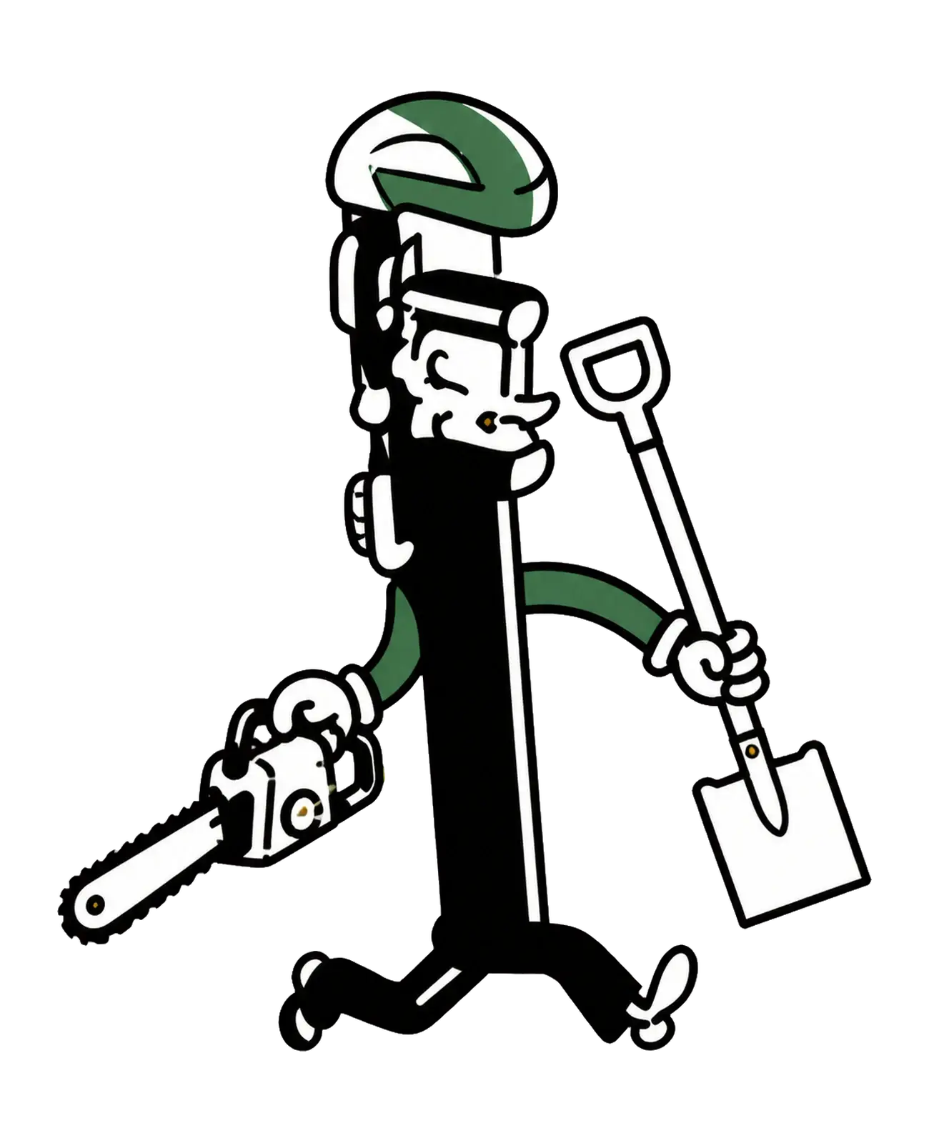 Property Works mascot carrying a chainsaw and square-point shovel