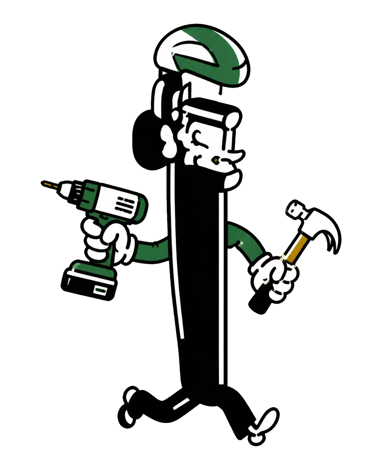 Property Works mascot carrying a cordless drill and claw hammer