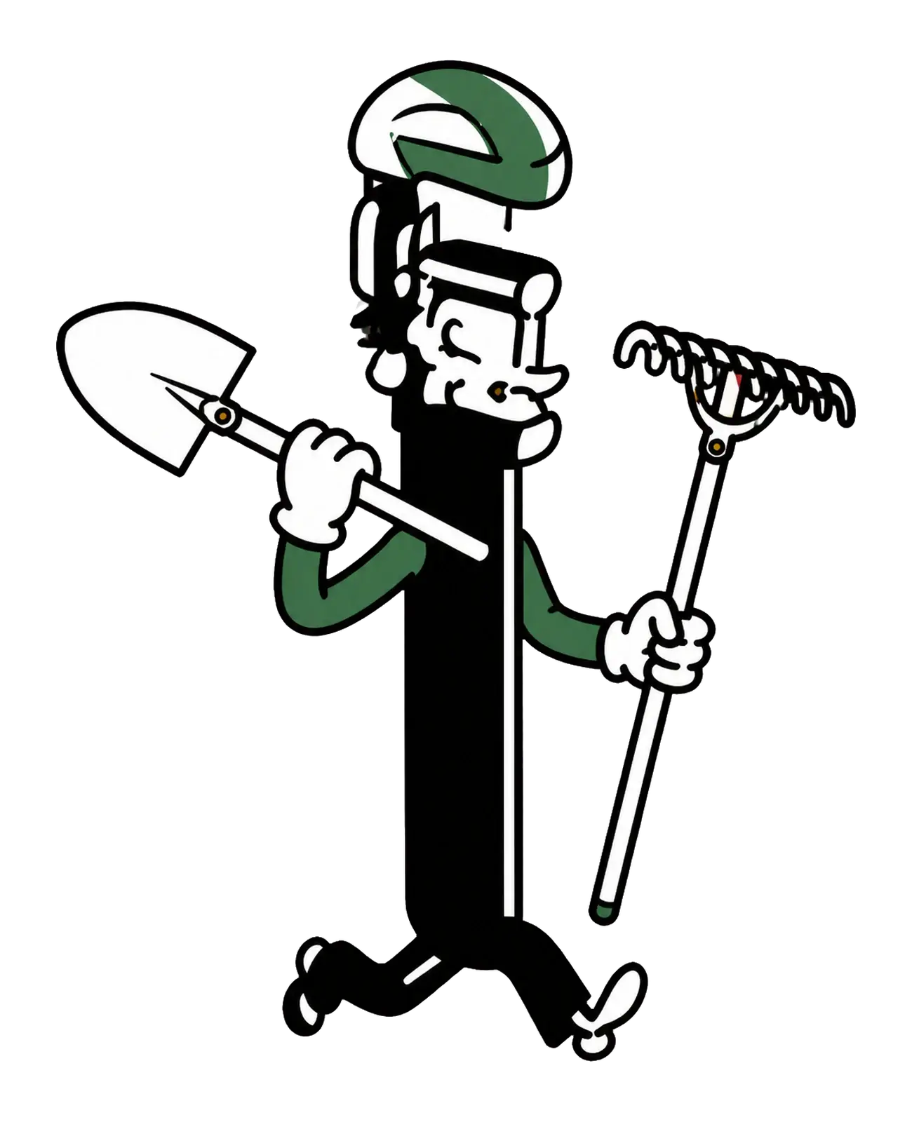 Property Works mascot carrying a shovel and rake