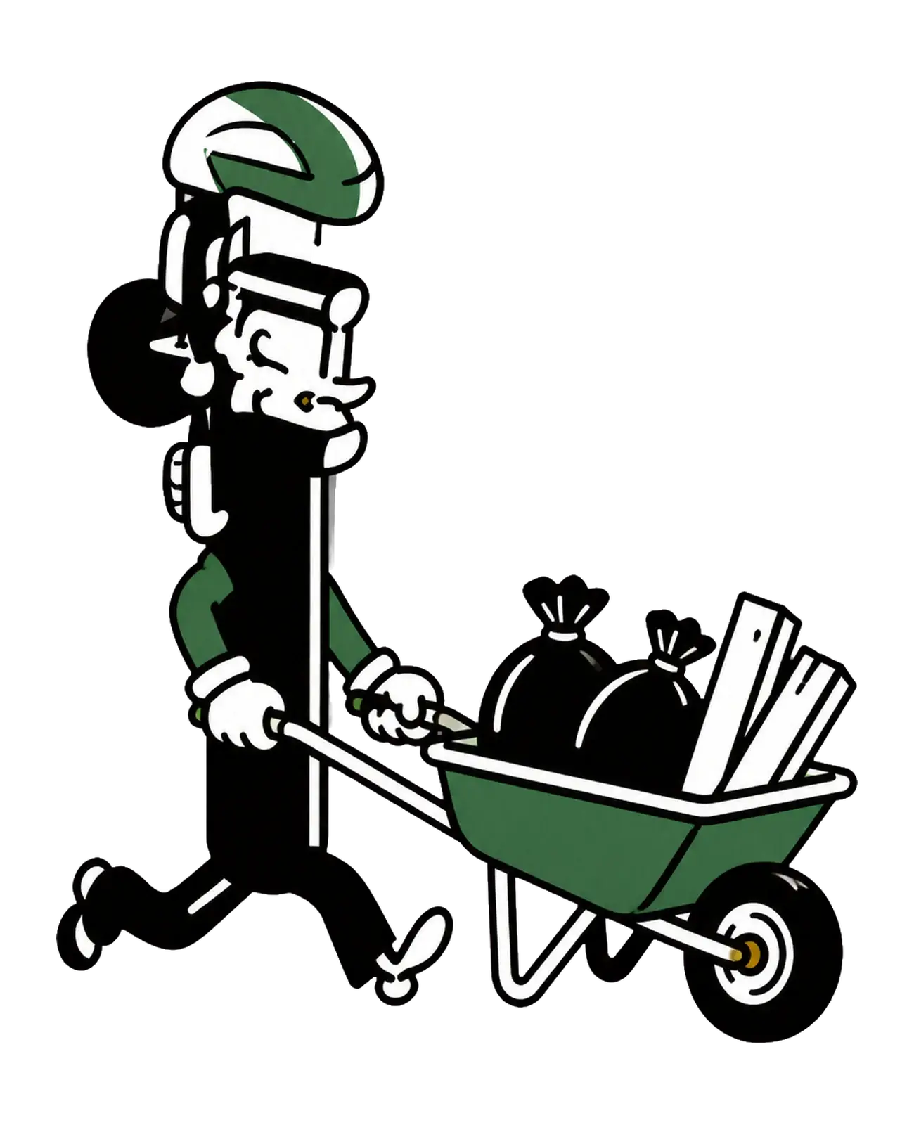 Property Works mascot pushing a wheelbarrow loaded with cleanup debris