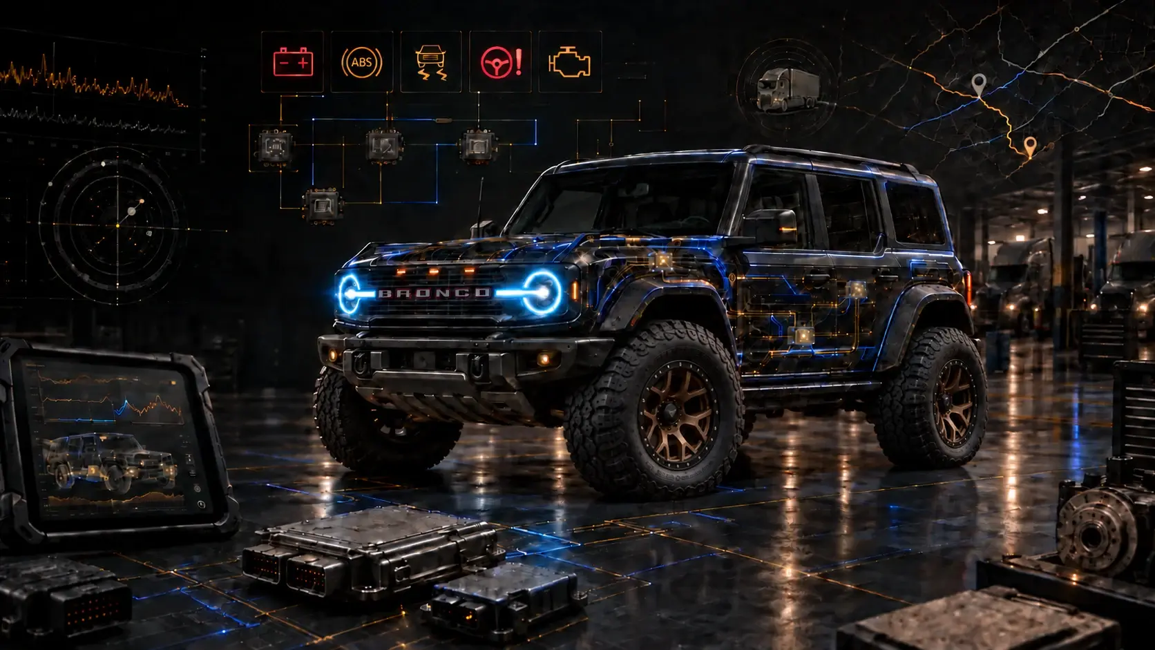 Graphite Bronco Raptor with bronze split-spoke wheels, ice-blue headlights, subtle red grille lettering, and blue-and-bronze diagnostic wiring in a dark automotive studio.