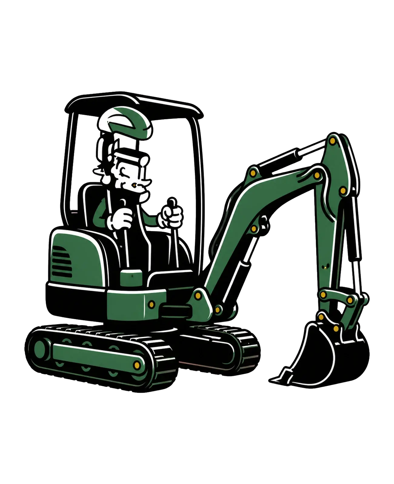 Property Works mascot operating a tracked mini excavator