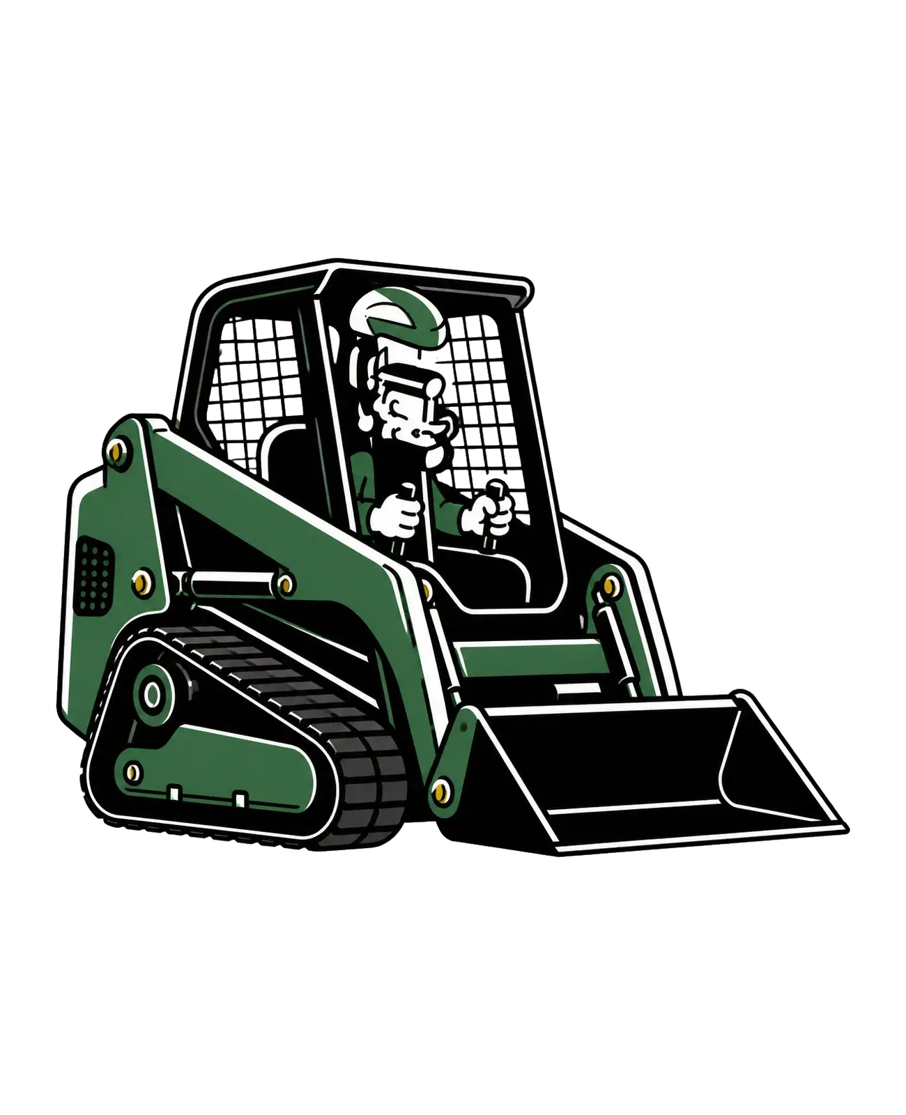 Property Works mascot operating a compact tracked skid steer