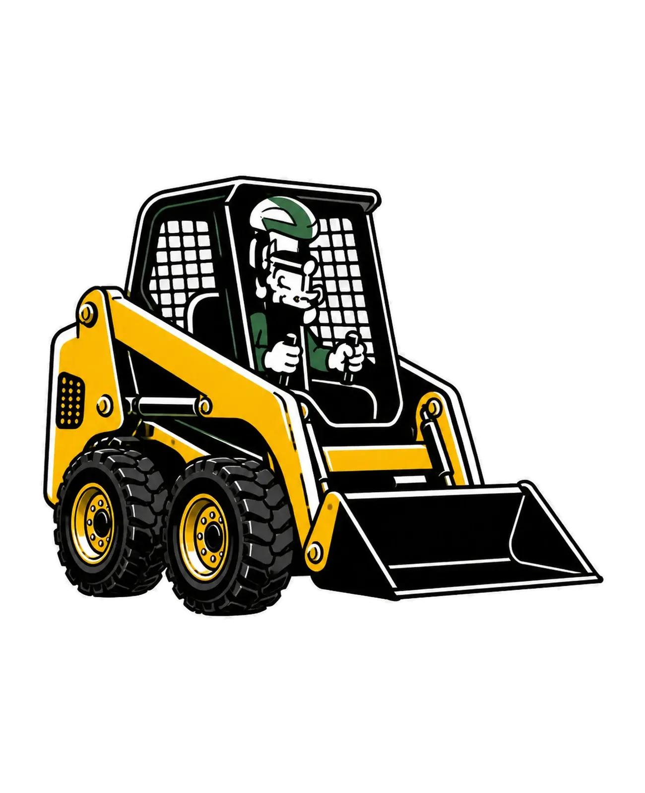 Pipewrench Man operating a yellow wheeled skid steer